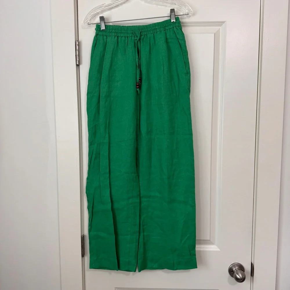 Zara Medium Kelly Green Linen Elastic Waist Pants Lagenlook Beach Casual